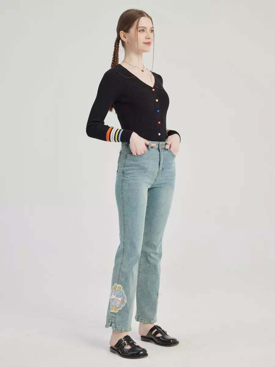Elegant Bootcut Embroidery Solid Color Cropped Pants Mssza