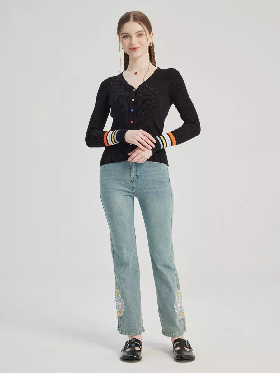 Elegant Bootcut Embroidery Solid Color Cropped Pants Mssza
