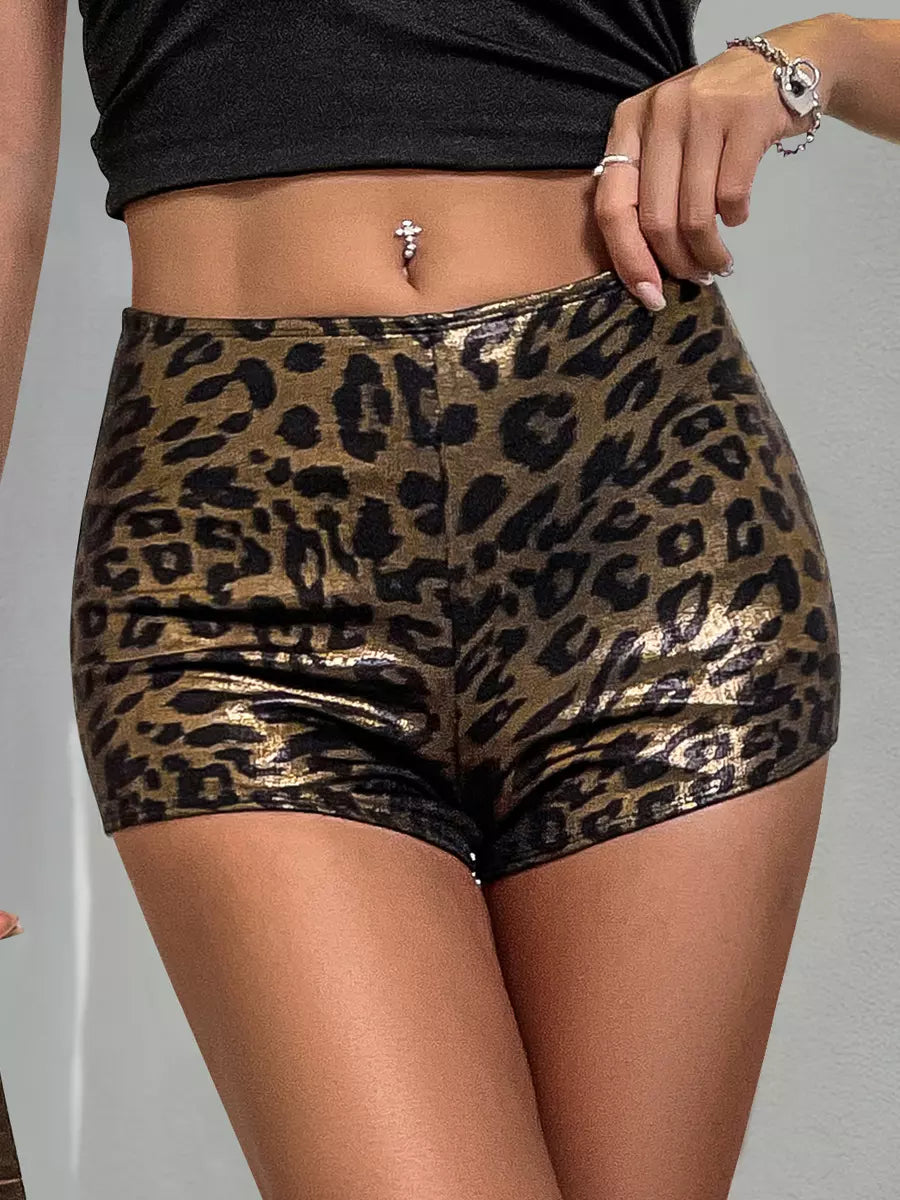 Elegant Bottoms Elastic Waist Shiny Leopard Print Shorts Mssza