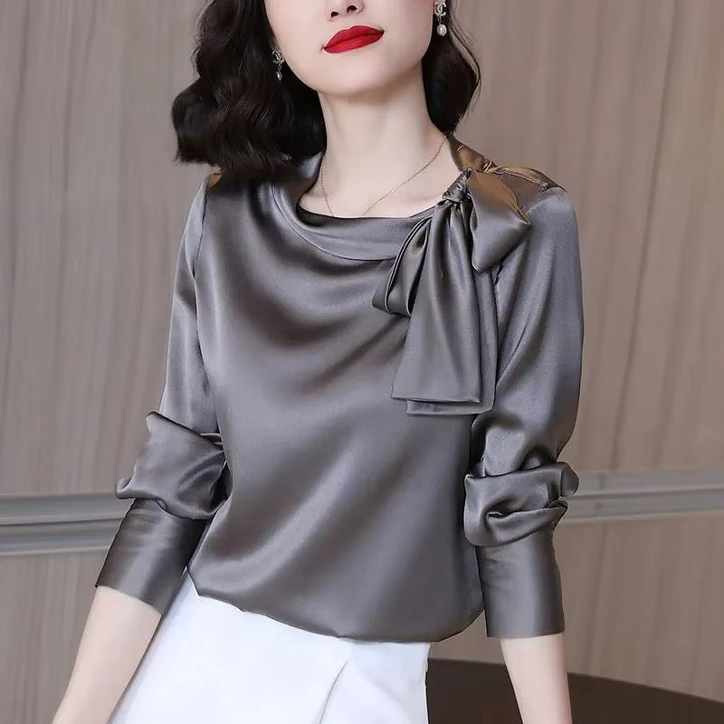 Elegant Bow Shirt Long Sleeve All-match Office Lady Satin Solid Blouse Mssza
