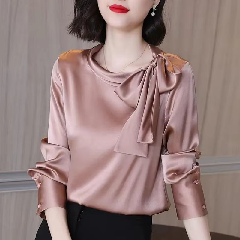 Elegant Bow Shirt Long Sleeve All-match Office Lady Satin Solid Blouse Mssza
