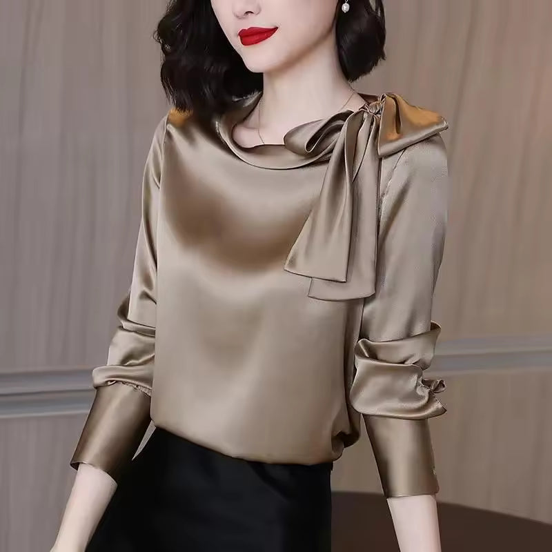 Elegant Bow Shirt Long Sleeve All-match Office Lady Satin Solid Blouse Mssza