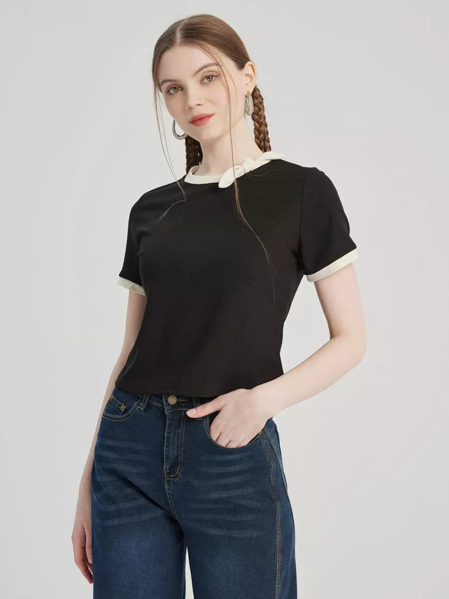 Elegant Bow Tie Short Sleeve Contrast Short Sleeve T-shirt Mssza