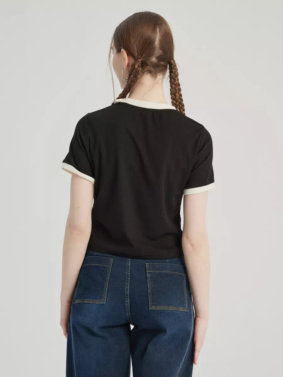 Elegant Bow Tie Short Sleeve Contrast Short Sleeve T-shirt Mssza