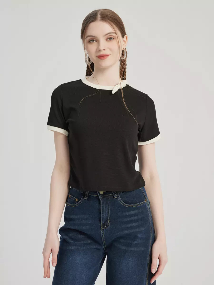 Elegant Bow Tie Short Sleeve Contrast Short Sleeve T-shirt Mssza