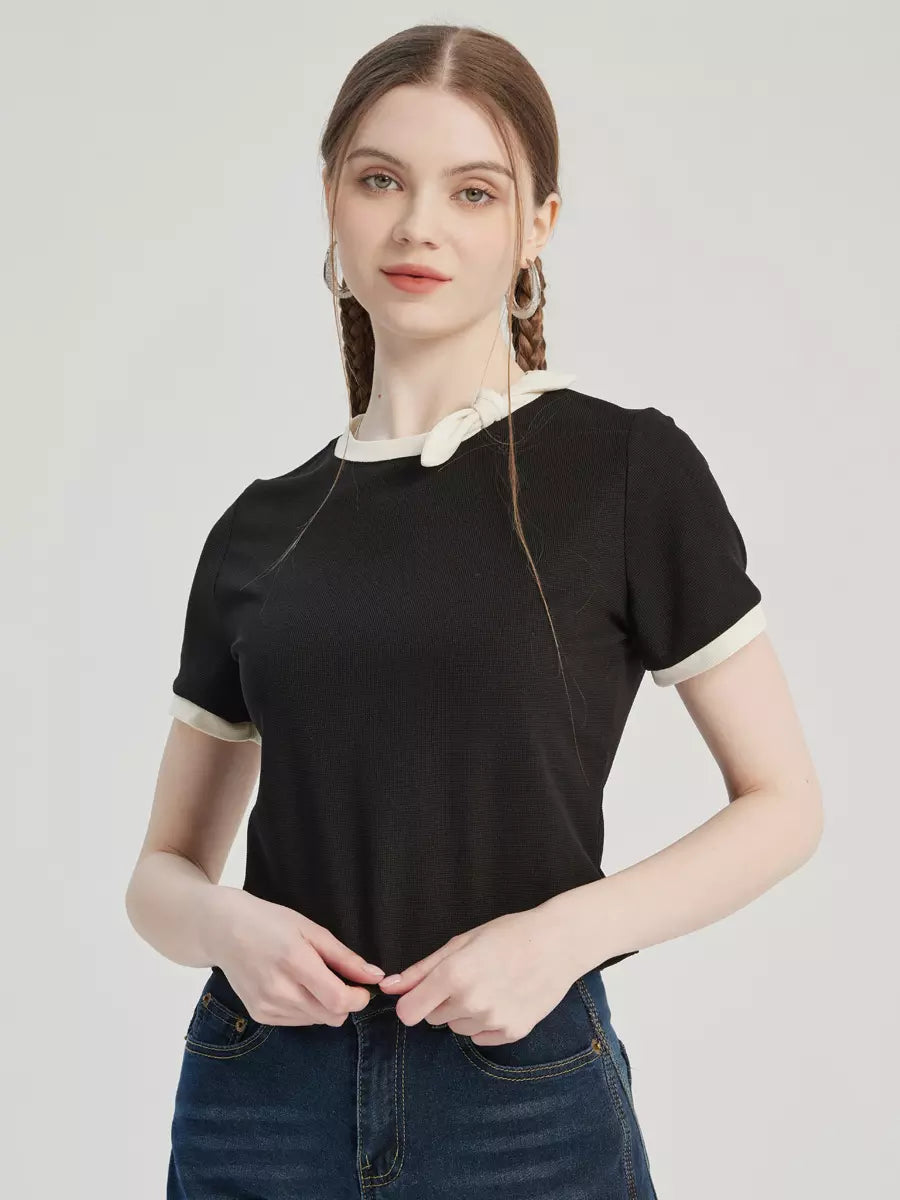 Elegant Bow Tie Short Sleeve Contrast Short Sleeve T-shirt Mssza