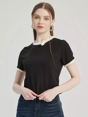Elegant Bow Tie Short Sleeve Contrast Short Sleeve T-shirt Mssza