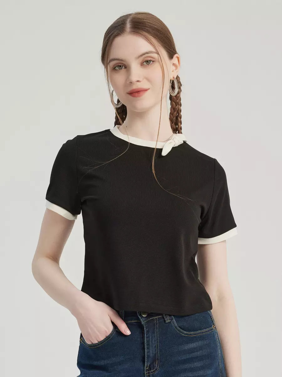 Elegant Bow Tie Short Sleeve Contrast Short Sleeve T-shirt Mssza
