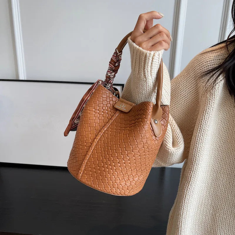 Elegant Bucket Stylish Solid Color Woven Effect Handbag Shoulder Bucket Bag Mssza