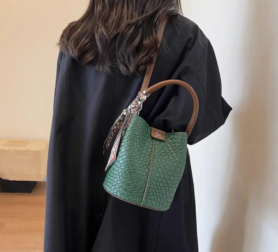 Elegant Bucket Stylish Solid Color Woven Effect Handbag Shoulder Bucket Bag Mssza