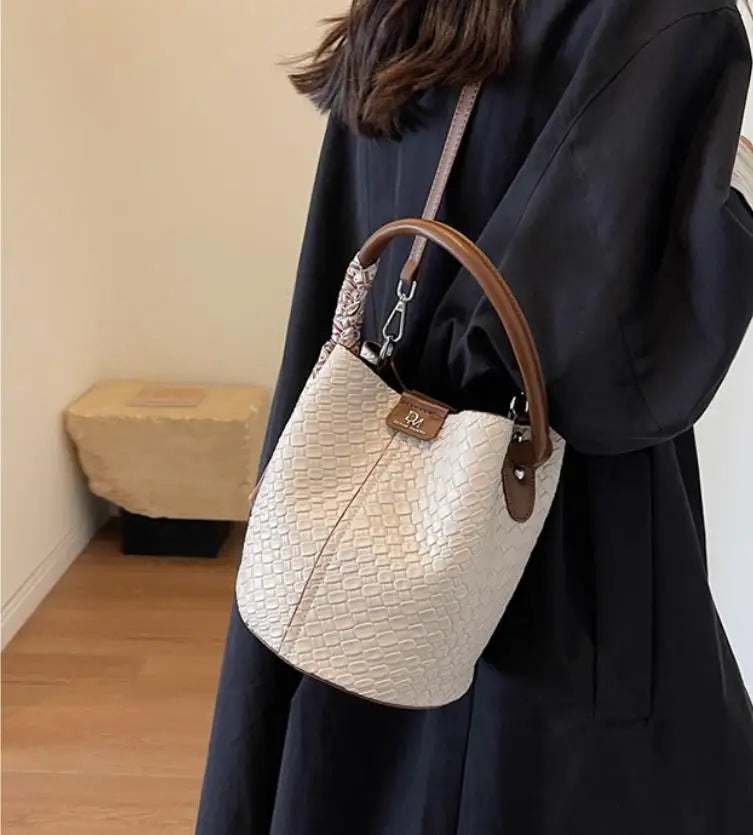 Elegant Bucket Stylish Solid Color Woven Effect Handbag Shoulder Bucket Bag Mssza