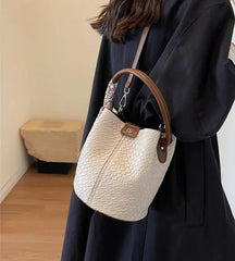 Elegant Bucket Stylish Solid Color Woven Effect Handbag Shoulder Bucket Bag Mssza