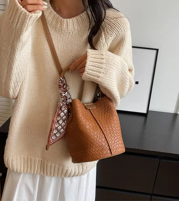 Elegant Bucket Stylish Solid Color Woven Effect Handbag Shoulder Bucket Bag Mssza