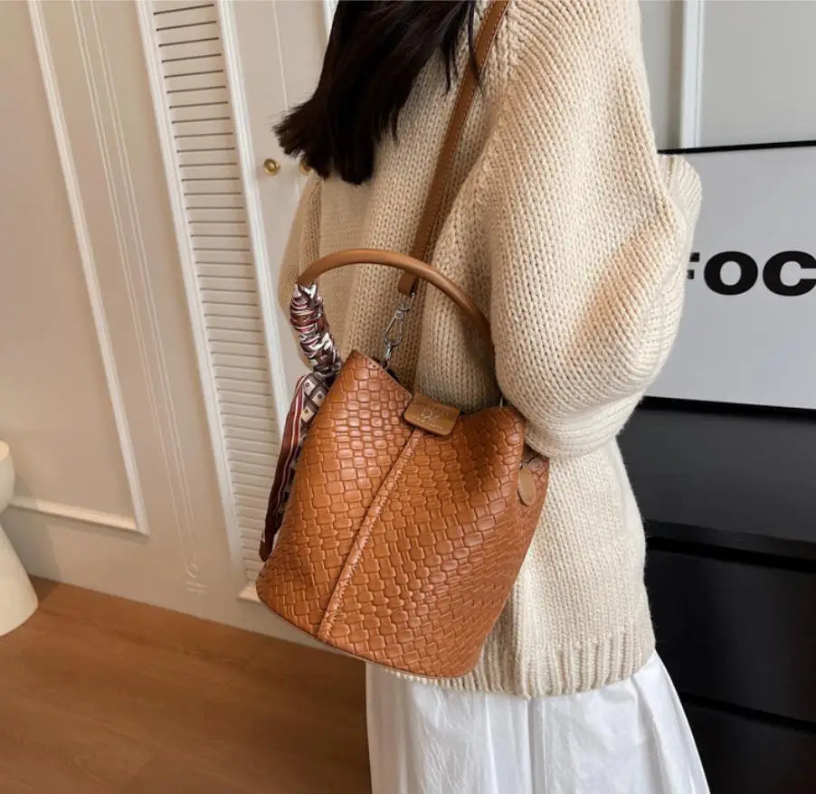Elegant Bucket Stylish Solid Color Woven Effect Handbag Shoulder Bucket Bag Mssza