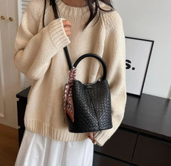 Elegant Bucket Stylish Solid Color Woven Effect Handbag Shoulder Bucket Bag Mssza