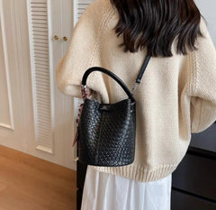 Elegant Bucket Stylish Solid Color Woven Effect Handbag Shoulder Bucket Bag Mssza