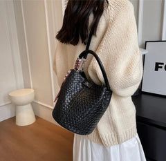 Elegant Bucket Stylish Solid Color Woven Effect Handbag Shoulder Bucket Bag Mssza