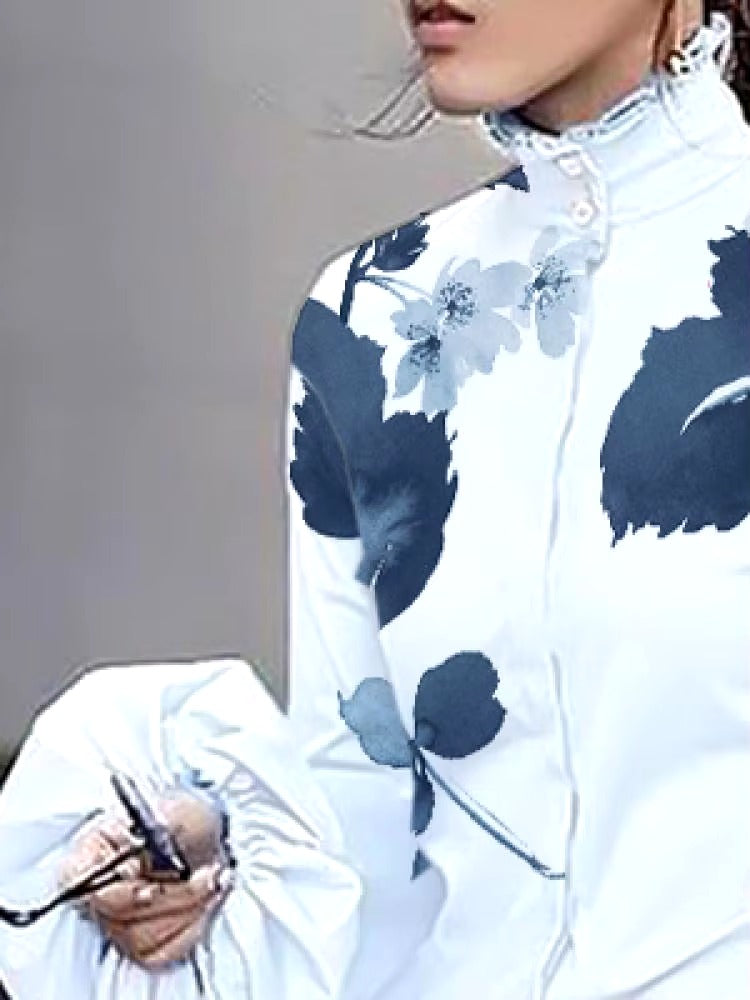 Elegant Button Leaves Printed High-Neck Blouses Shirts Mssza