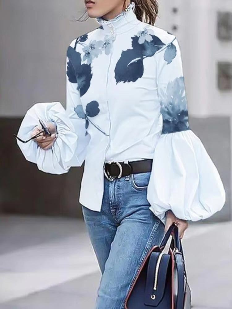 Elegant Button Leaves Printed High-Neck Blouses Shirts Mssza