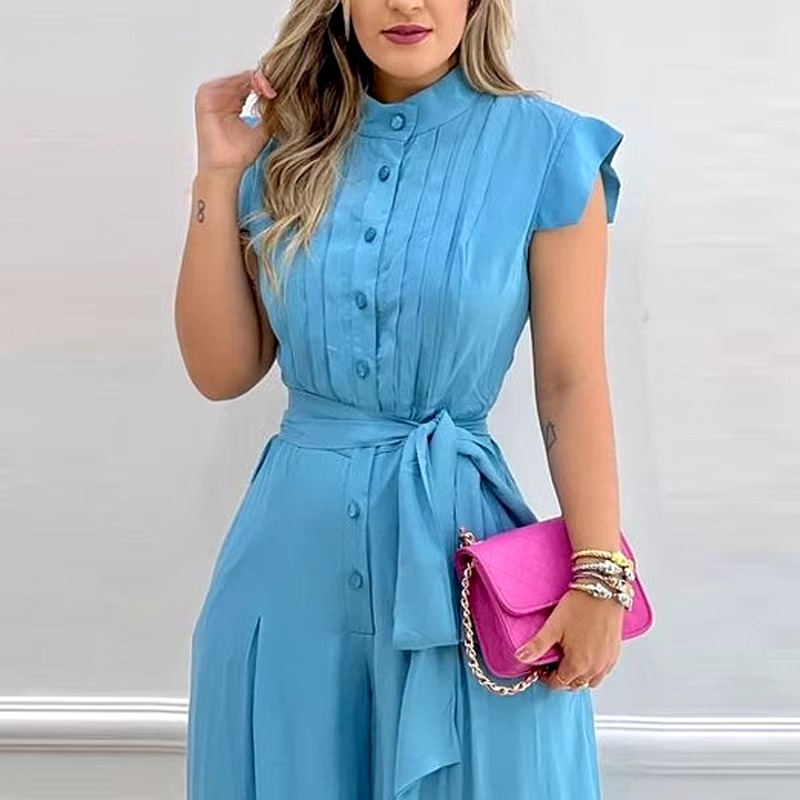Elegant Button Sashes Short Flying Sleeves Folds Straight Leg Casual Working Jumpsuit Mssza