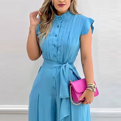 Elegant Button Sashes Short Flying Sleeves Folds Straight Leg Casual Working Jumpsuit Mssza