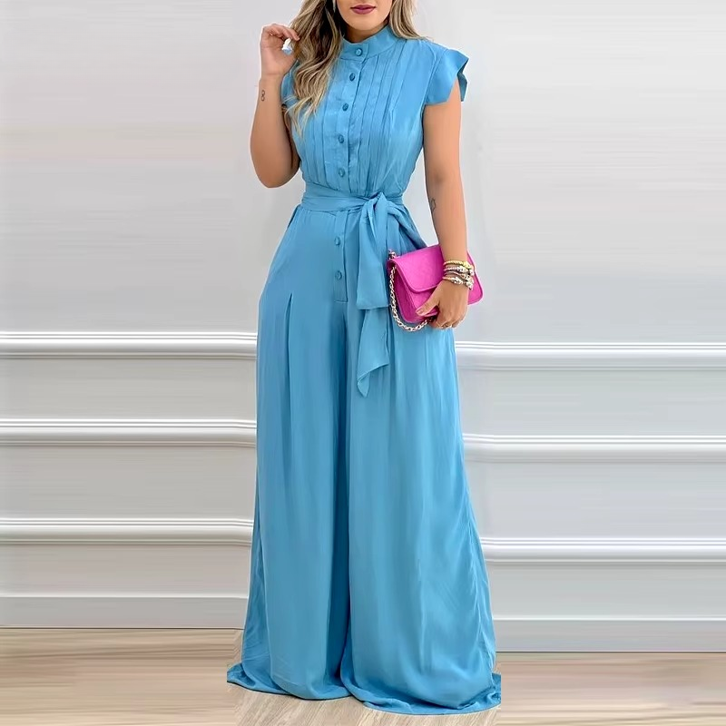 Elegant Button Sashes Short Flying Sleeves Folds Straight Leg Casual Working Jumpsuit Mssza