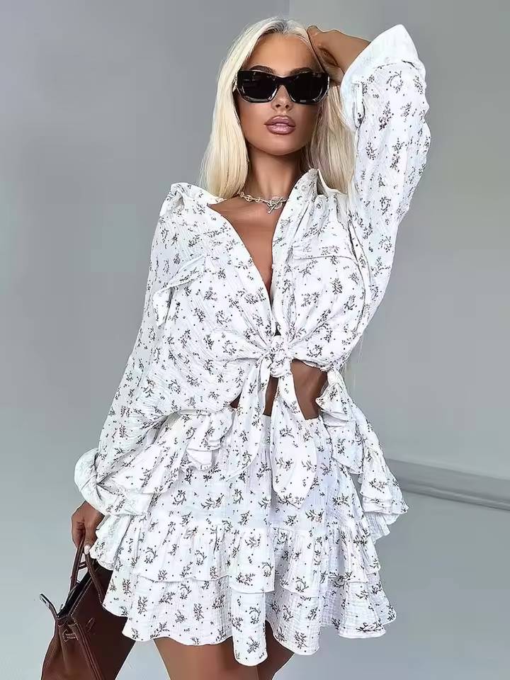 Elegant Button Shirts And Ruffled Skirts Cotton Print 2 Piece Set Mssza