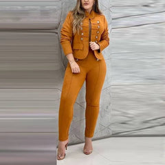 Elegant Button Stand Collar Short Tops Skinny Pencil Pants 2 Piece Set Mssza