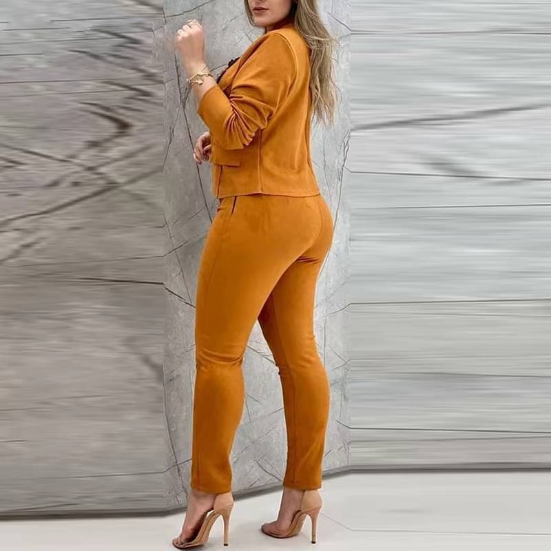 Elegant Button Stand Collar Short Tops Skinny Pencil Pants 2 Piece Set Mssza