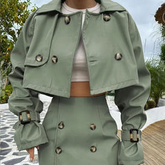 Elegant Button Up Loose Top With High Waist Mini Skirts Crop 2 Piece Sets Mssza