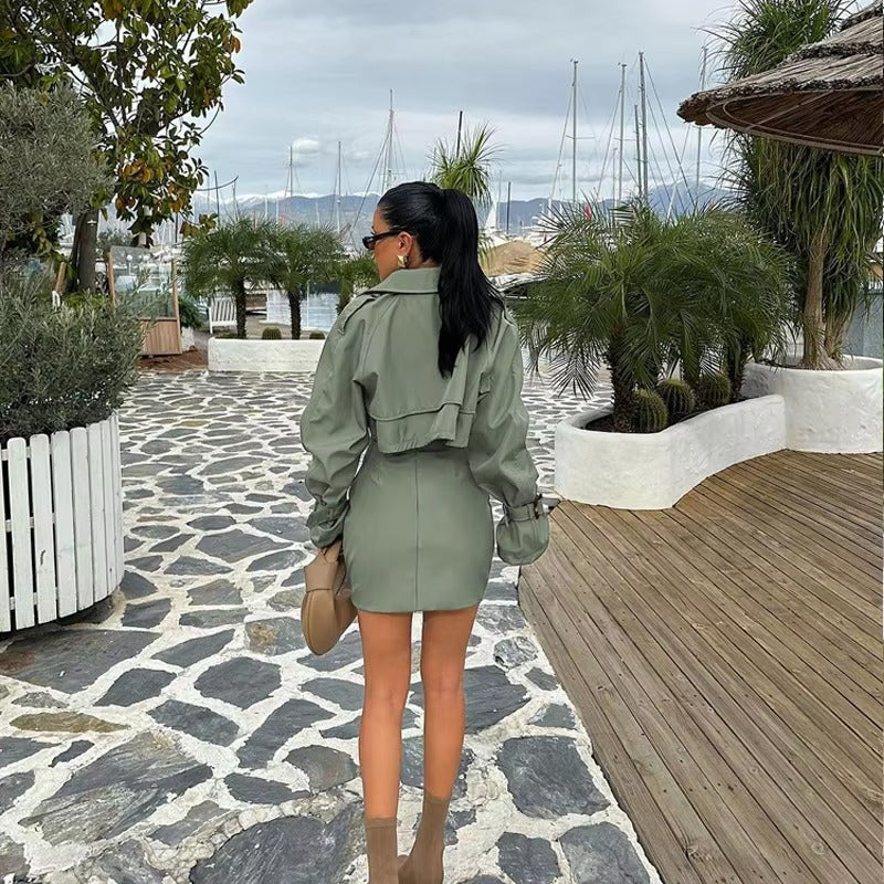 Elegant Button Up Loose Top With High Waist Mini Skirts Crop 2 Piece Sets Mssza