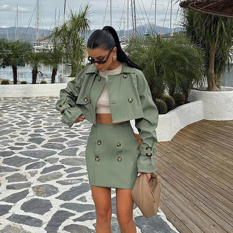Elegant Button Up Loose Top With High Waist Mini Skirts Crop 2 Piece Sets Mssza