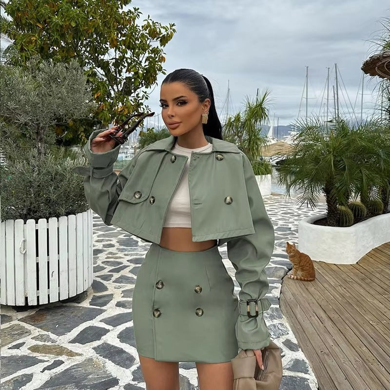Elegant Button Up Loose Top With High Waist Mini Skirts Crop 2 Piece Sets Mssza