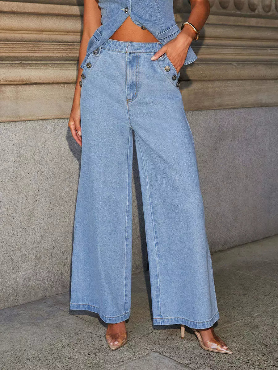 Elegant Button-up Vest And Straight Jeans Denim Two-Piece Set Mssza