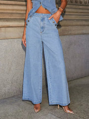 Elegant Button-up Vest And Straight Jeans Denim Two-Piece Set Mssza