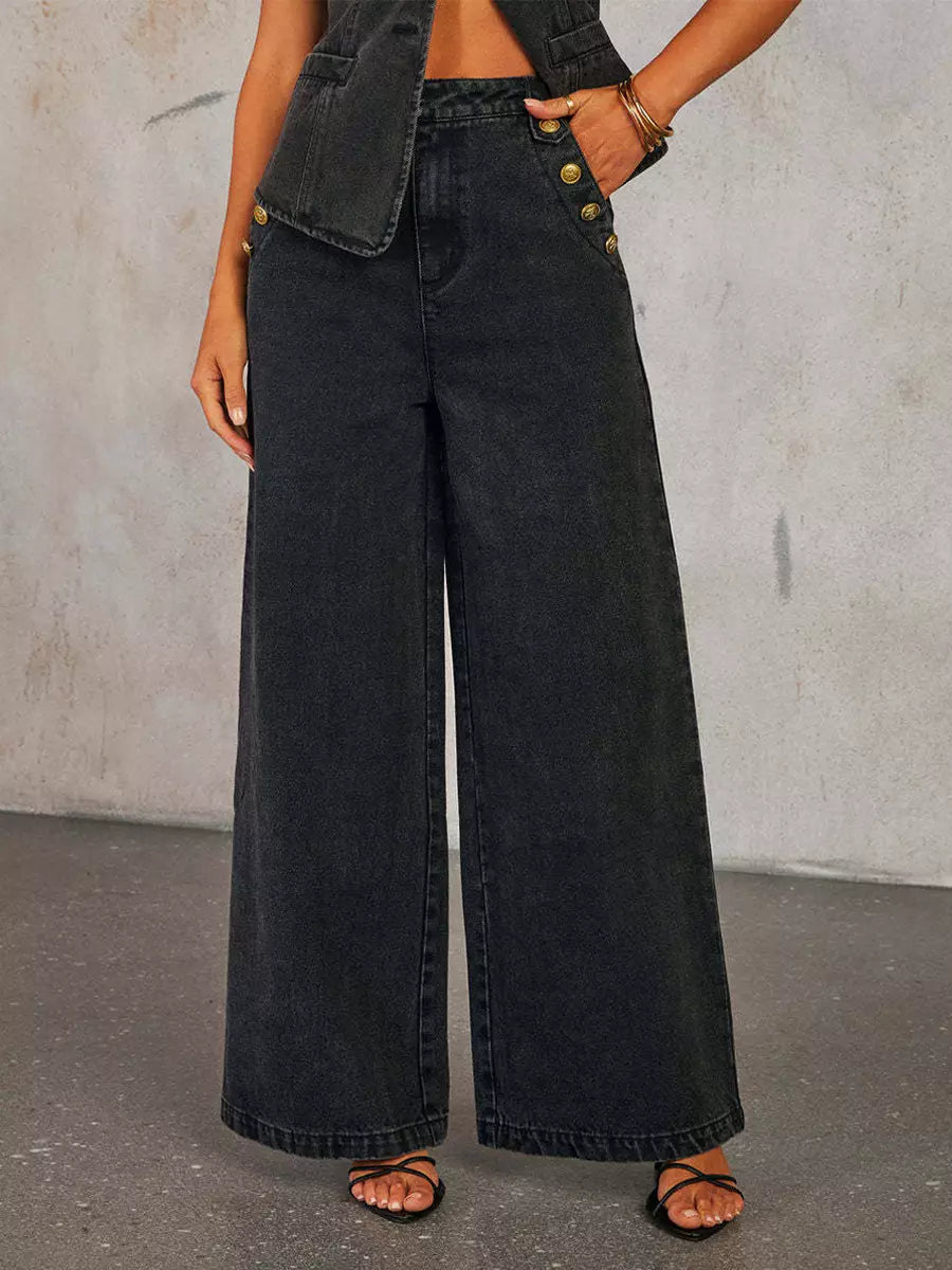 Elegant Button-up Vest And Straight Jeans Denim Two-Piece Set Mssza