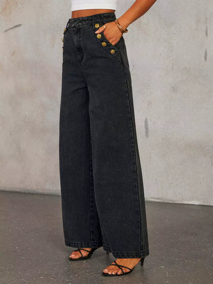 Elegant Button-up Vest And Straight Jeans Denim Two-Piece Set Mssza