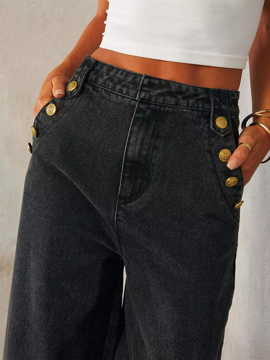 Elegant Button-up Vest And Straight Jeans Denim Two-Piece Set Mssza
