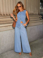 Elegant Button-up Vest And Straight Jeans Denim Two-Piece Set Mssza
