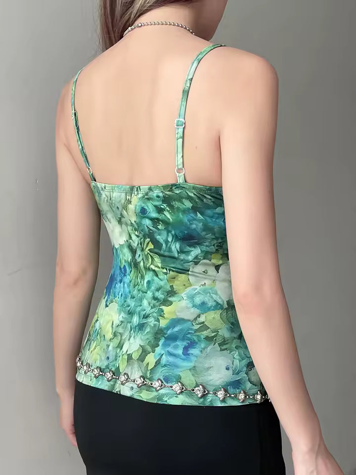 Elegant Chic Floral Flower Print Slight Stretch Blouses Camis Top Mssza