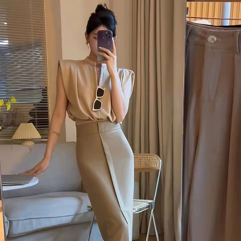 Elegant Chic Patchwork Folds Sleeveless Shirt Type Crop Tops Mssza