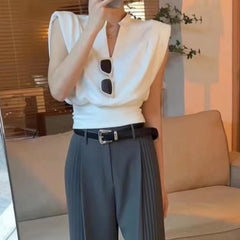 Elegant Chic Patchwork Folds Sleeveless Shirt Type Crop Tops Mssza