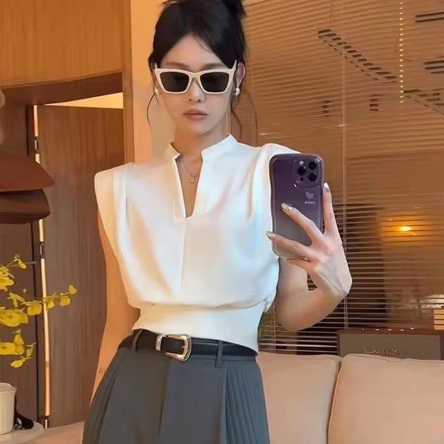 Elegant Chic Patchwork Folds Sleeveless Shirt Type Crop Tops Mssza