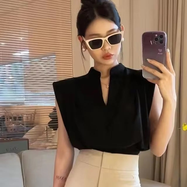 Elegant Chic Patchwork Folds Sleeveless Shirt Type Crop Tops Mssza