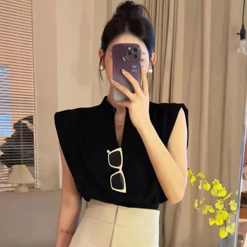 Elegant Chic Patchwork Folds Sleeveless Shirt Type Crop Tops Mssza