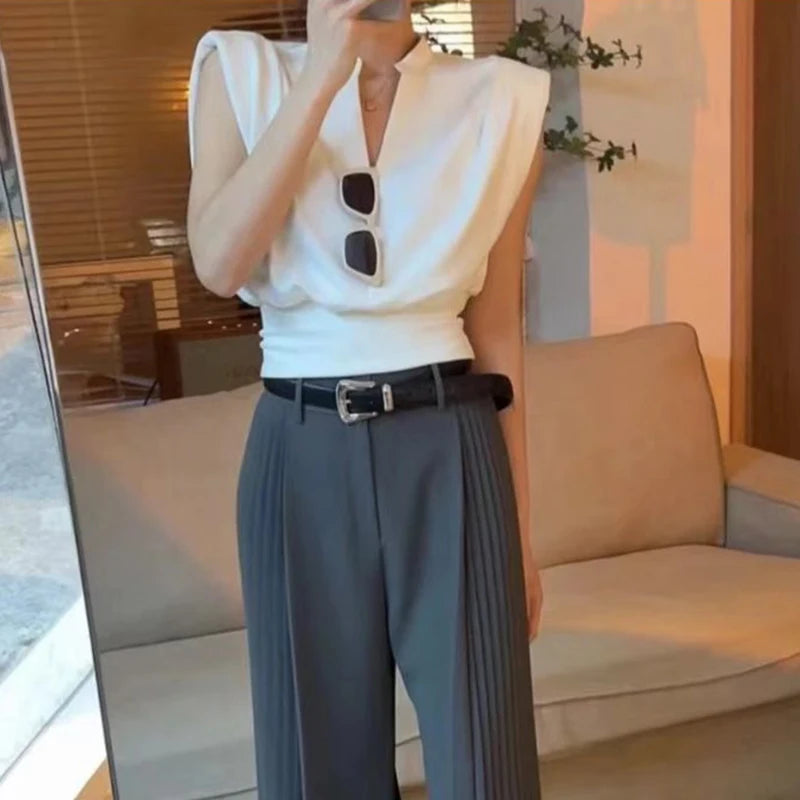 Elegant Chic Patchwork Folds Sleeveless Shirt Type Crop Tops Mssza
