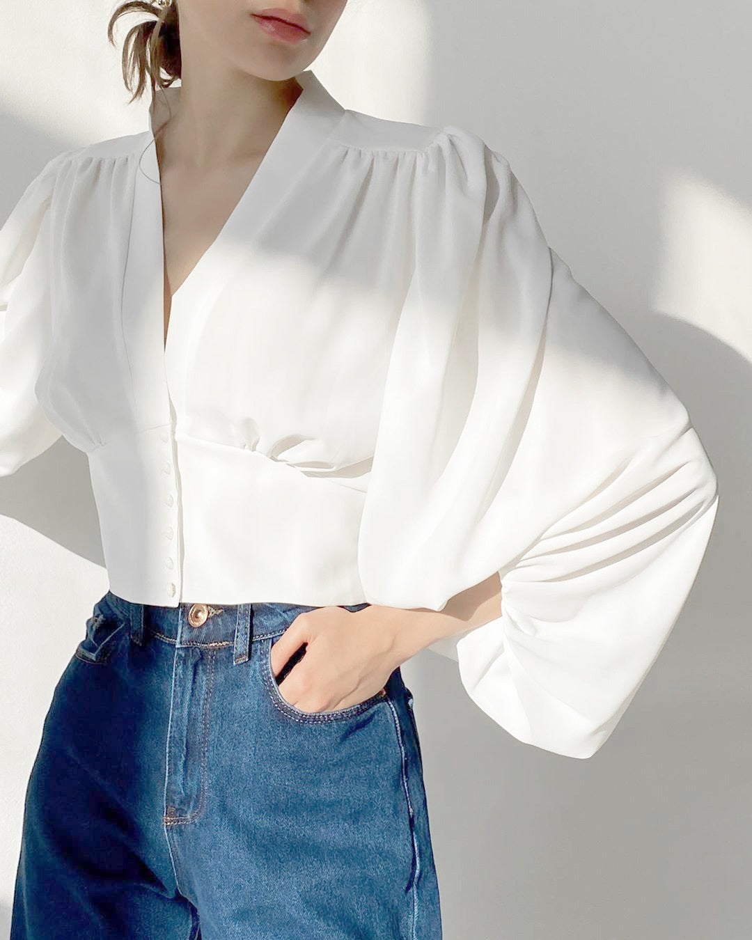 Elegant Chic Top V Neck Lantern Sleeve Button Vintage Blouse Mssza