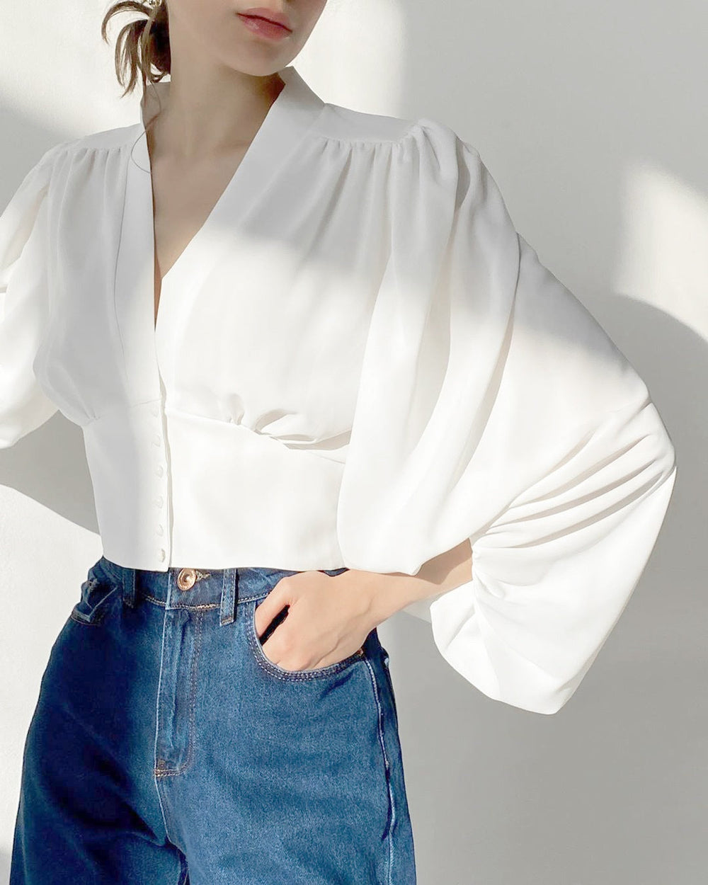 Elegant Chic Top V Neck Lantern Sleeve Button Vintage Blouse Mssza