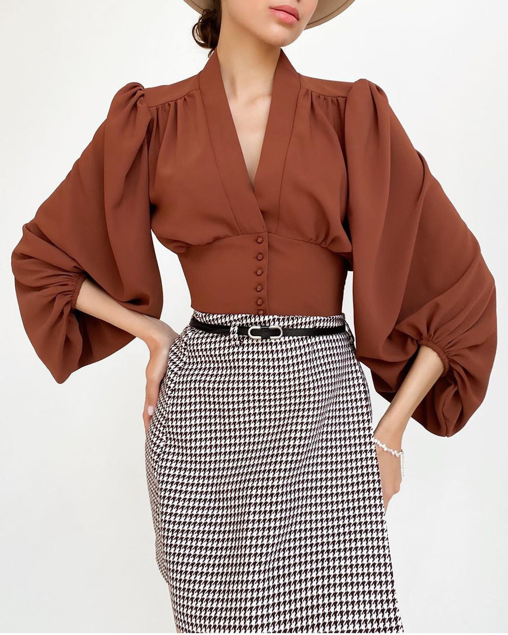 Elegant Chic Top V Neck Lantern Sleeve Button Vintage Blouse Mssza