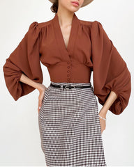 Elegant Chic Top V Neck Lantern Sleeve Button Vintage Blouse Mssza